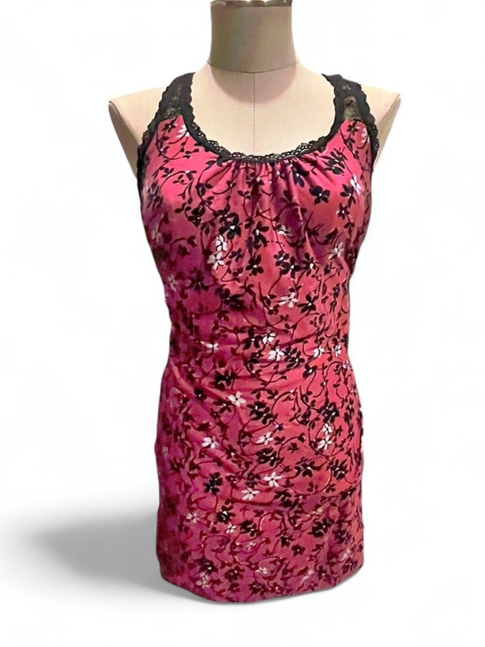 Secret Treasures Pink Floral Dress with Black Lace Accents